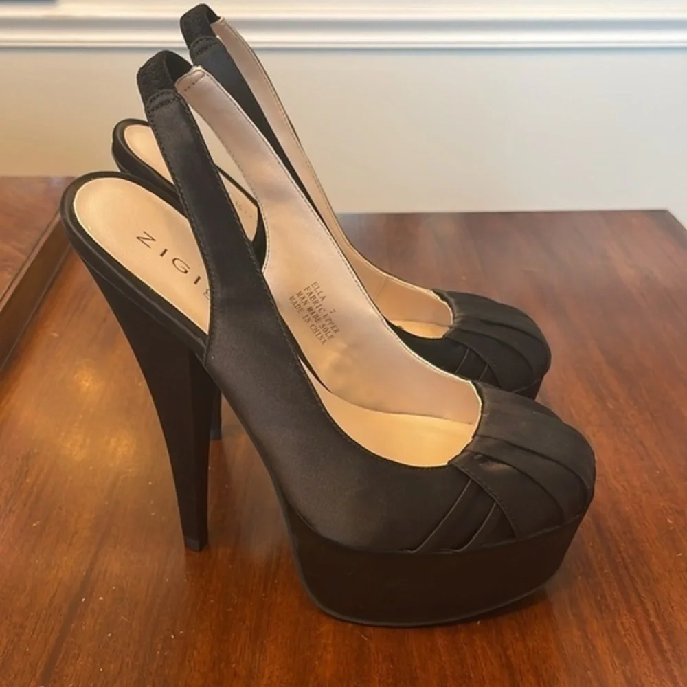 🥡 Zigi girl black satin tall platform heels